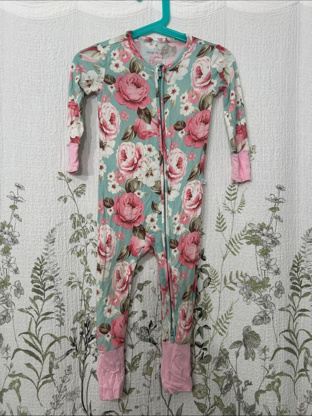 Posh Peanut Floral Zip Footie in Aqua and Pink